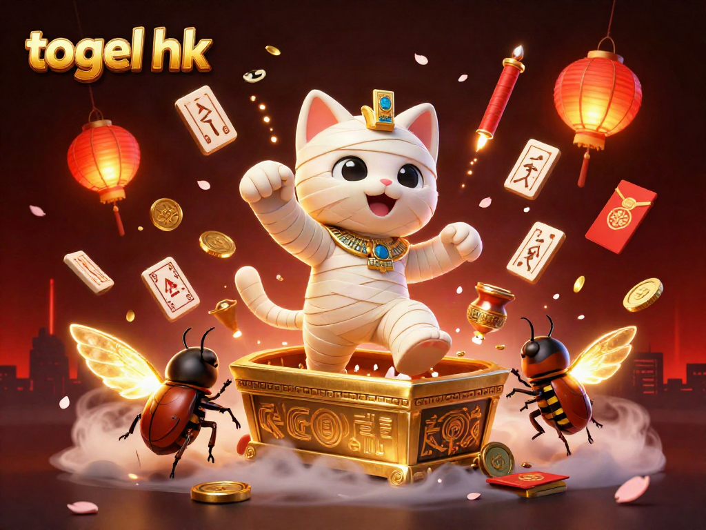 Menggandakan keseruan togel hk dengan ilustrasi 3D kucing mummy Mesir, komponen kasino, dan simbol keberuntungan.