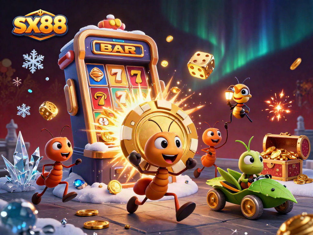 The sx88 themed illustration shows a team of cartoon ants stealing a giant poker chip amidst a casino setting.
