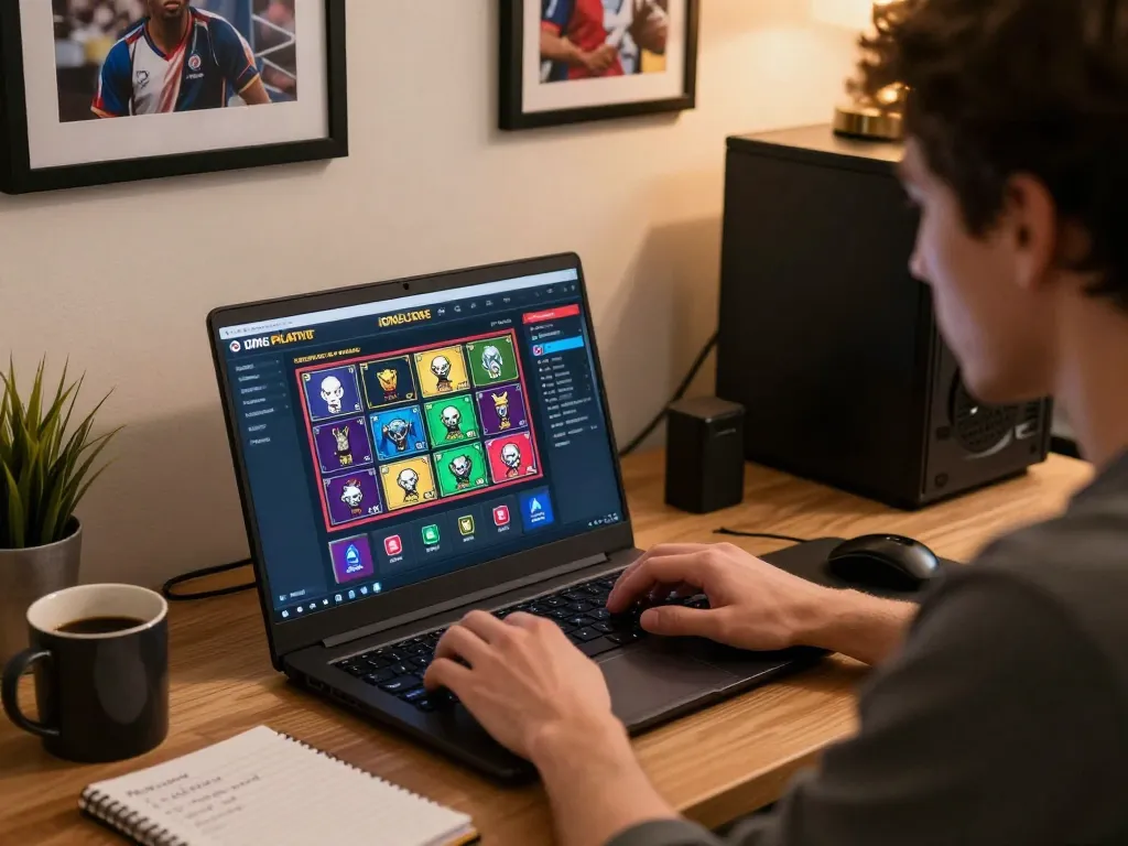 IDNSCORE user engaged in online slots gameplay, focused on laptop in a stylish home office.