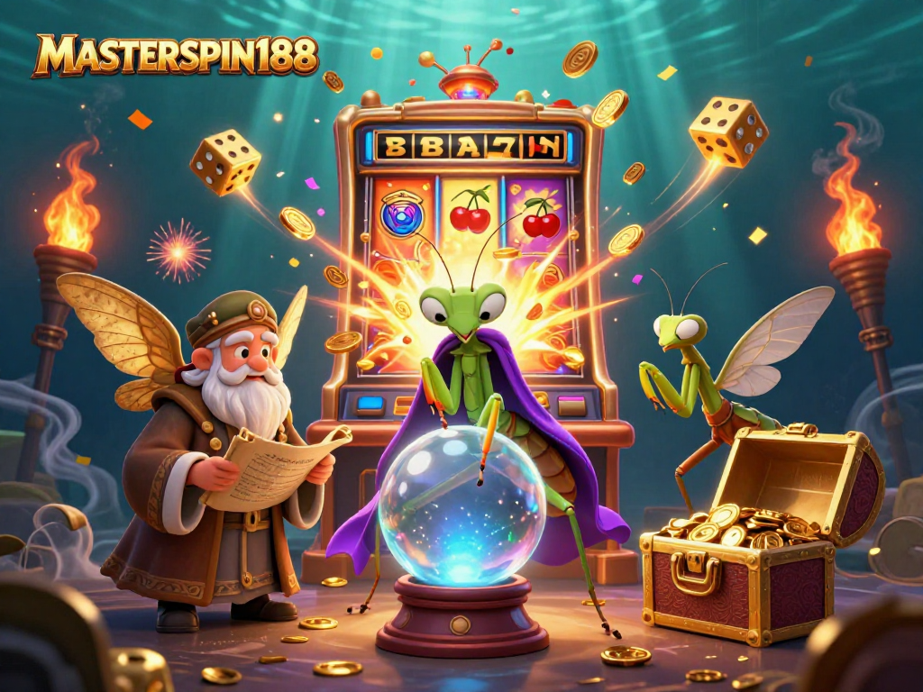Engage with immersive casino adventures at MASTERSPIN188 with a vibrant 3D illustration of fortune-tellers and gaming excitement.