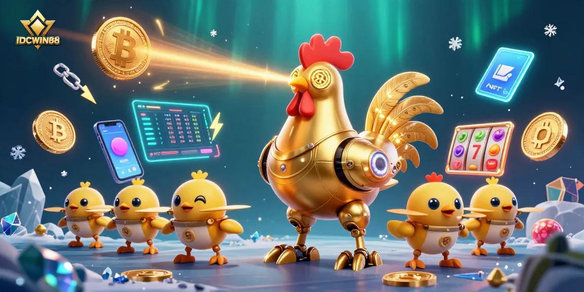 Experience the excitement of IDCWIN88 with a vibrant 3D casino scene featuring unique characters and crypto elements.