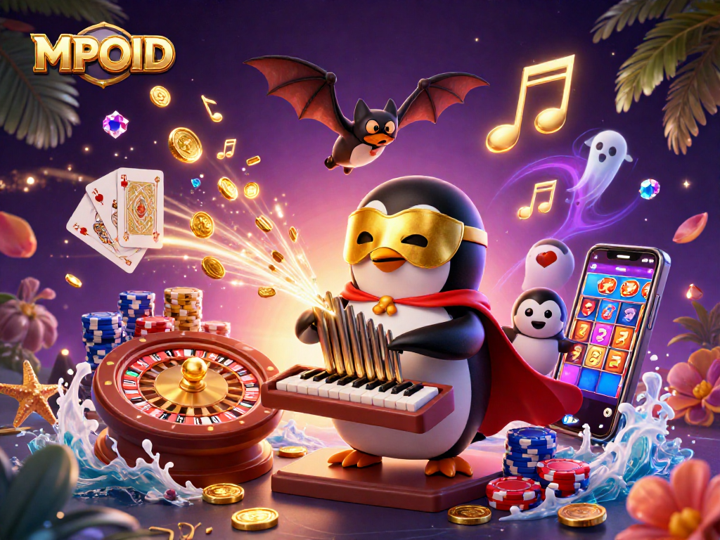Experience MPOID's thrilling gaming atmosphere with a 3D penguin character playing for big wins.