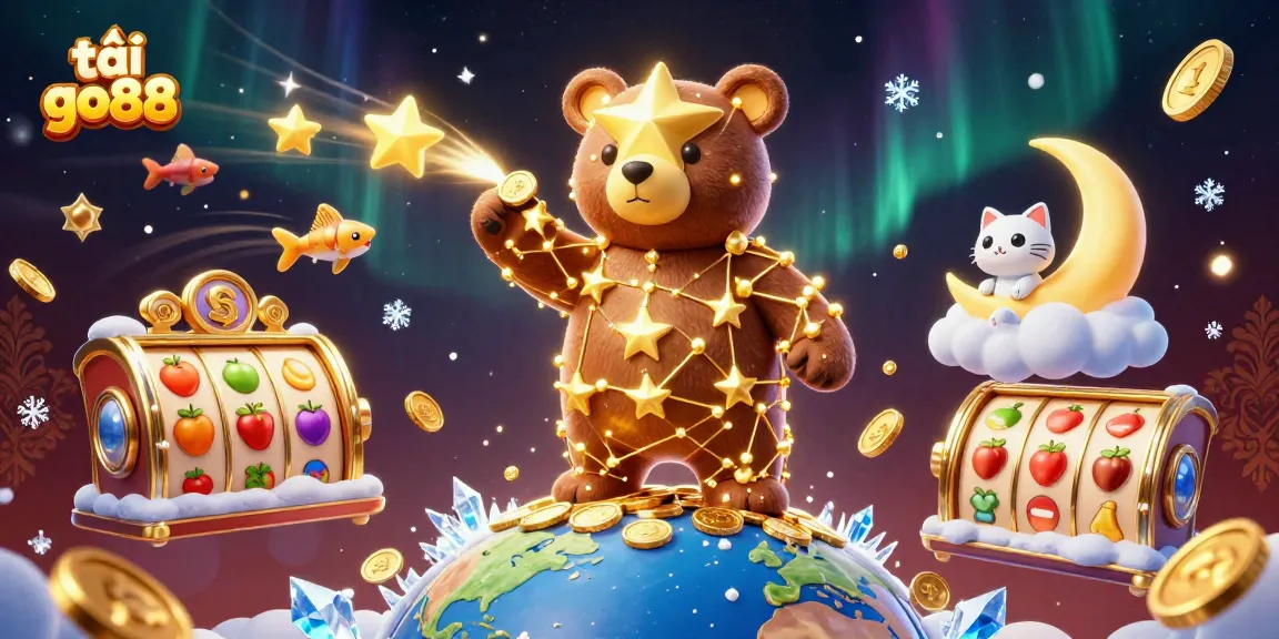 Exciting scene showcasing tải go88 with a magical bear, celestial companions, and dynamic slot gaming elements.