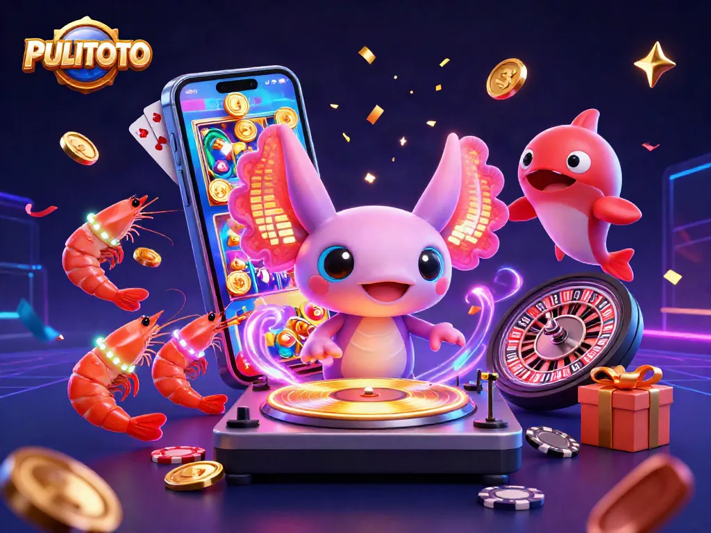PULITOTO showcases a vibrant underwater casino scene with a DJ axolotl, animated shrimp dancers, and glow effects.