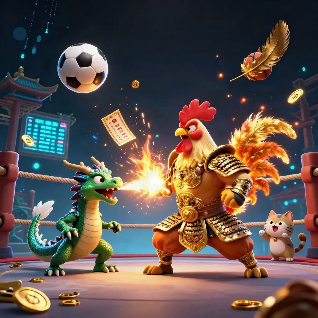 Ayam samurai emas, naga kecil, dan kucing keberuntungan di arena kasino neon dengan bola dan koin.