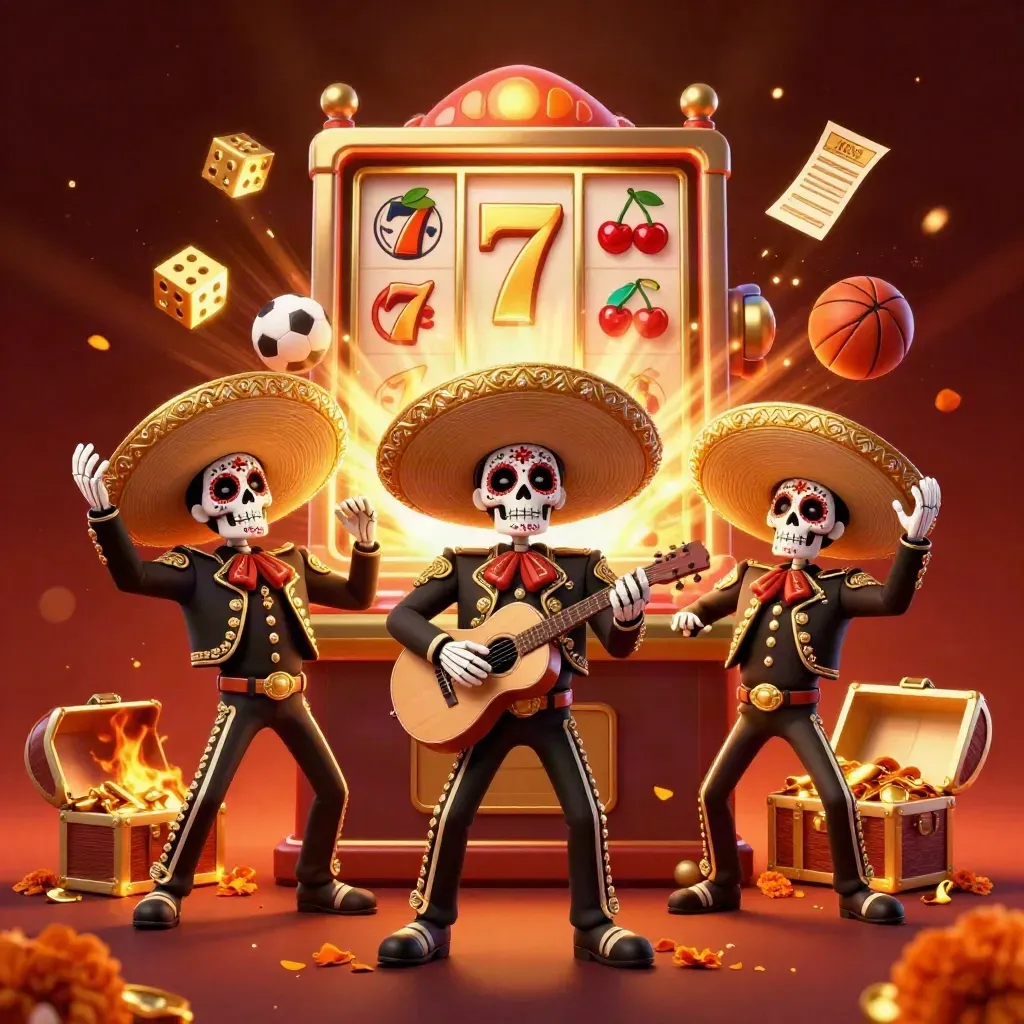 Tiga skeleton mariachi di antara mesin slot, dadu emas, bola, dan peti harta berkilau.