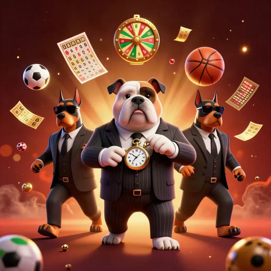 Bulldog mafia 3D dan dua doberman dikelilingi bola lotre, roda hadiah, sepak bola, dan bola basket.