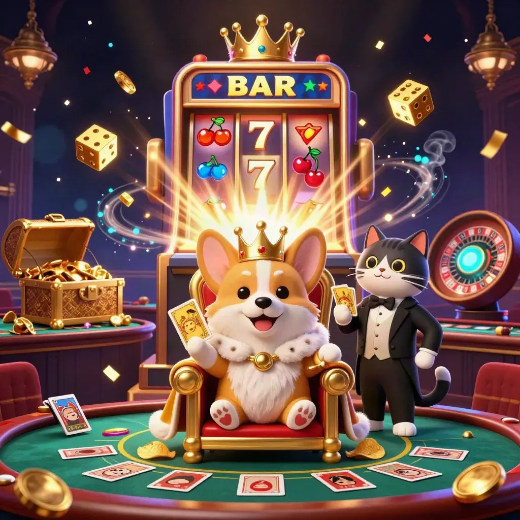 Raja corgi dan kucing butler di kasino mewah, efek jackpot berkilau dan cahaya dramatis.