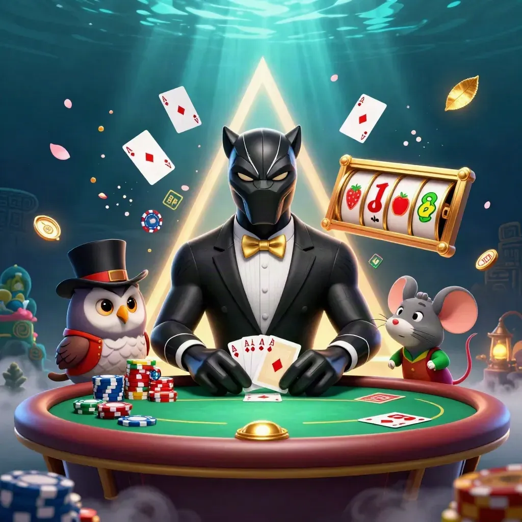 Panter tuxedo, burung hantu topi, dan tikus merah di meja poker, chip dan kartu meledak.