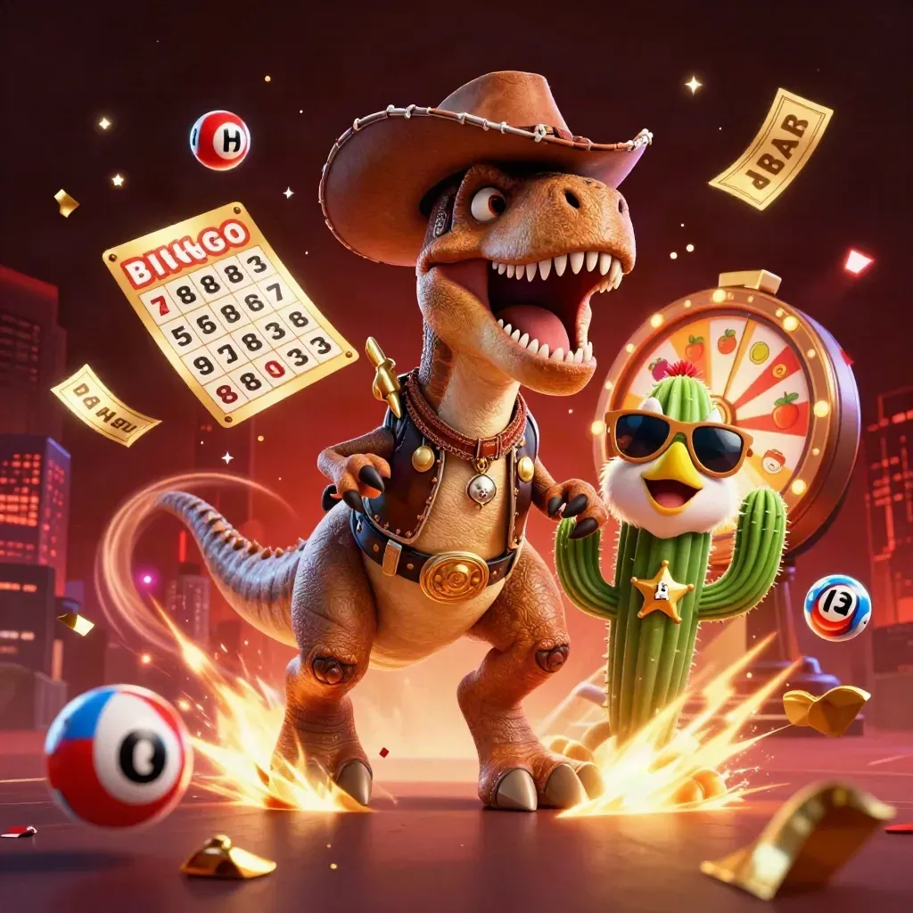 Dinosaurus koboi, kaktus berkacamata, dan burung sheriff di tengah ledakan emas dan kartu bingo.