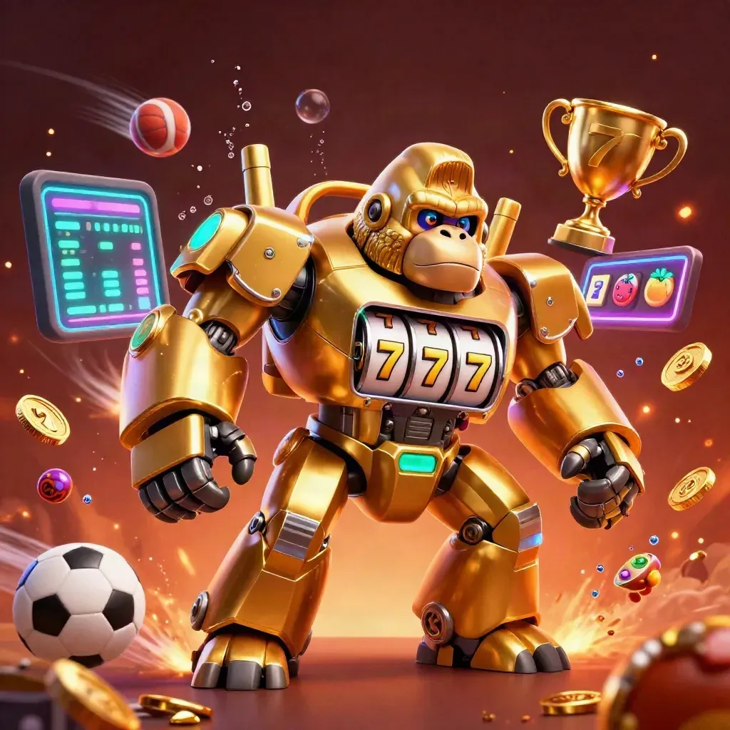 Gorila mech emas dan monyet pilot dikelilingi bola olahraga, koin, dan efek neon.