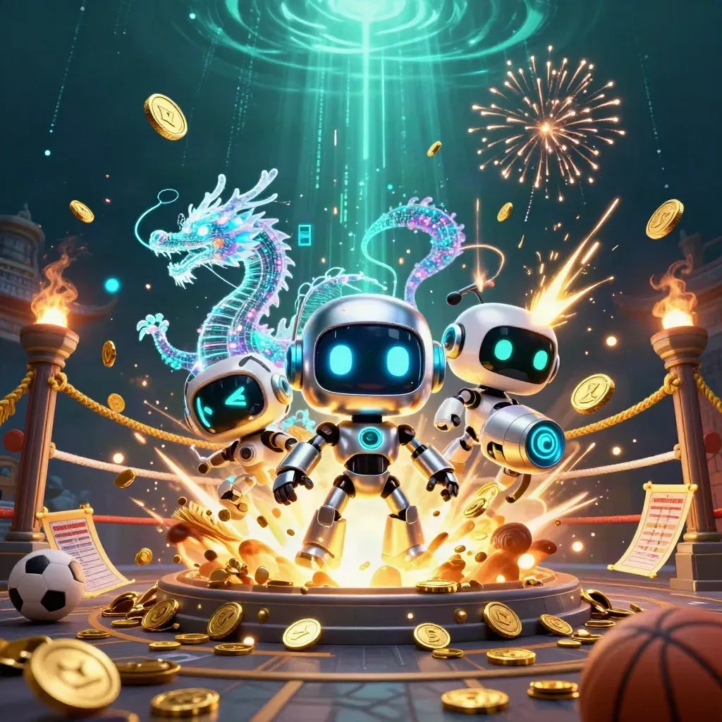 Robot cyberpunk, naga holografik, dan drone di tengah ledakan koin emas mewah.