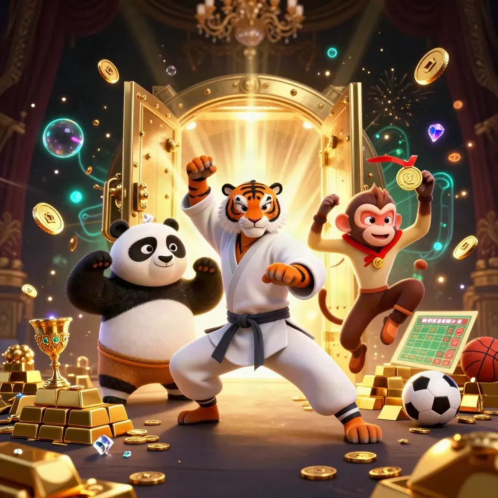 Harimau kung-fu, panda, dan monyet di depan brankas emas meledak, koin dan kilau casino.