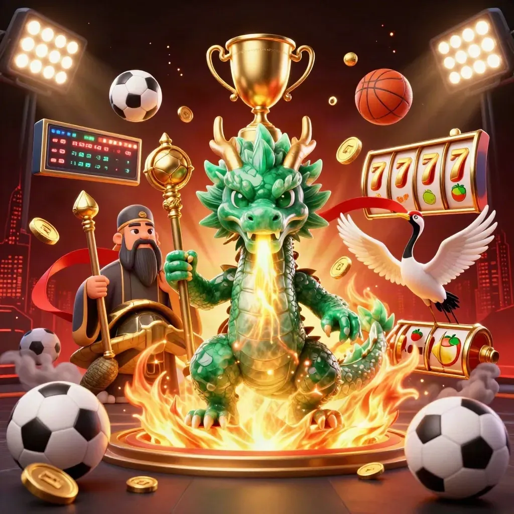 Naga giok, kura bijak, dan bangau dengan emas, koin, bola, dan efek kasino mewah.