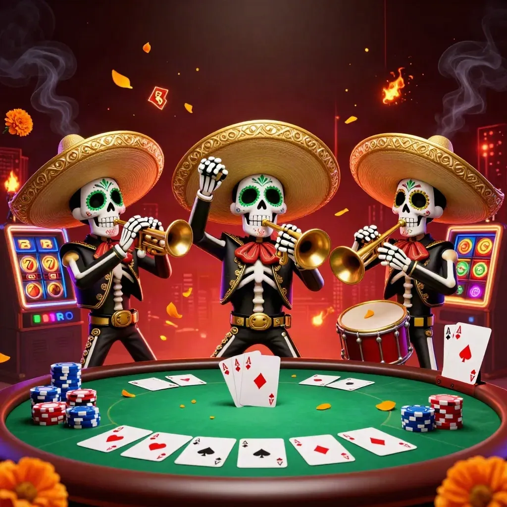 Tiga kerangka mariachi 3D berjudi, dengan chip, kartu, dan efek api di latar kota gelap.