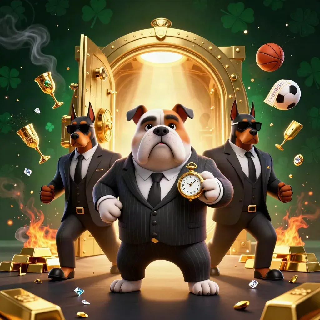 Bulldog bos mafia dan dua Doberman di depan brankas emas, dengan koin dan bola olahraga.