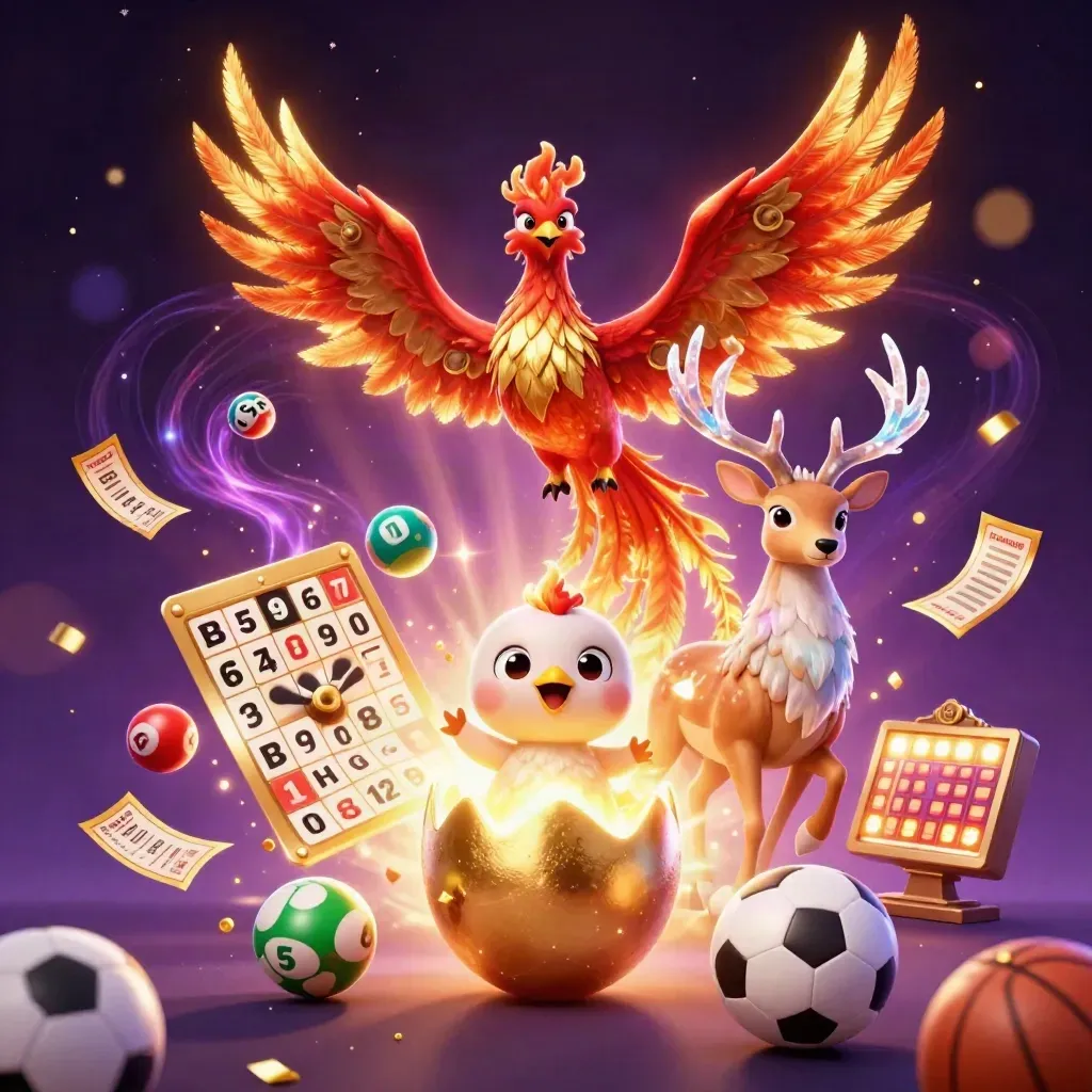 Tiga makhluk fantasi kasino: phoenix, anak phoenix, rusa kristal di antara bola dan roda hadiah.