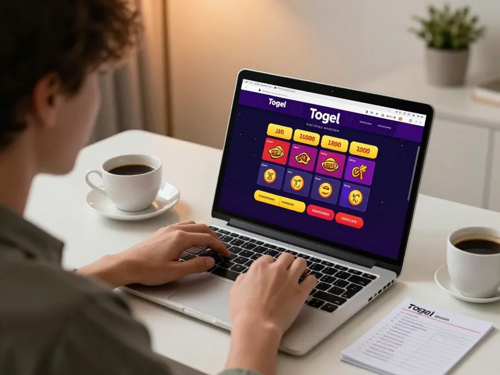 Engaging in togel online gaming with a laptop, showcasing vibrant interface in a cozy home office.