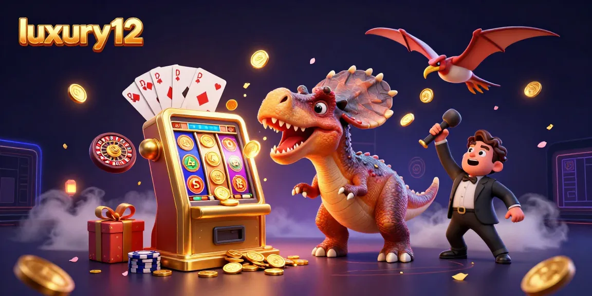 luxury12 showcases a vibrant casino scene with a pachycephalosaurus and slot jackpot action