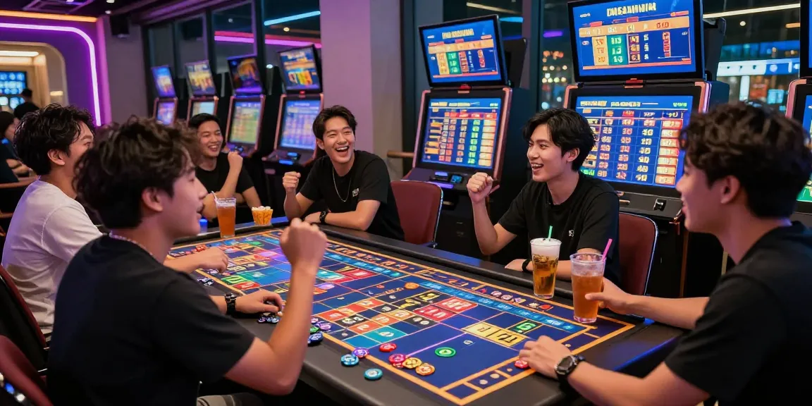 Situs togel betting scene in a lively gaming lounge with friends celebrating wins.