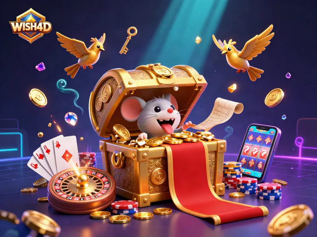 Spin to win at WISH4D with vibrant illustrations depicting the excitement of casino treasures.