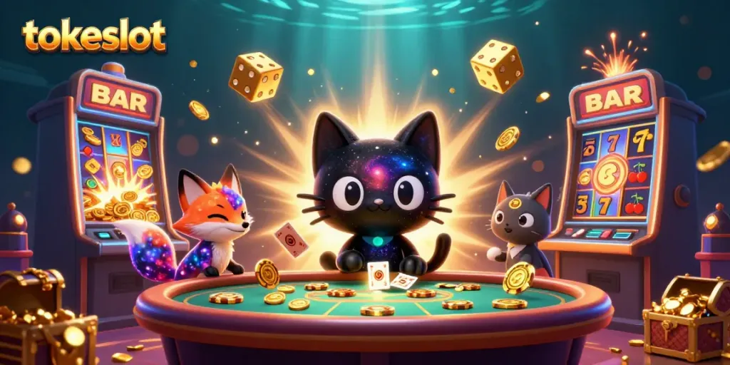 Tokeslot's engaging cosmic casino scene featuring a black hole cat and colorful fox among slot machines and casino elements.