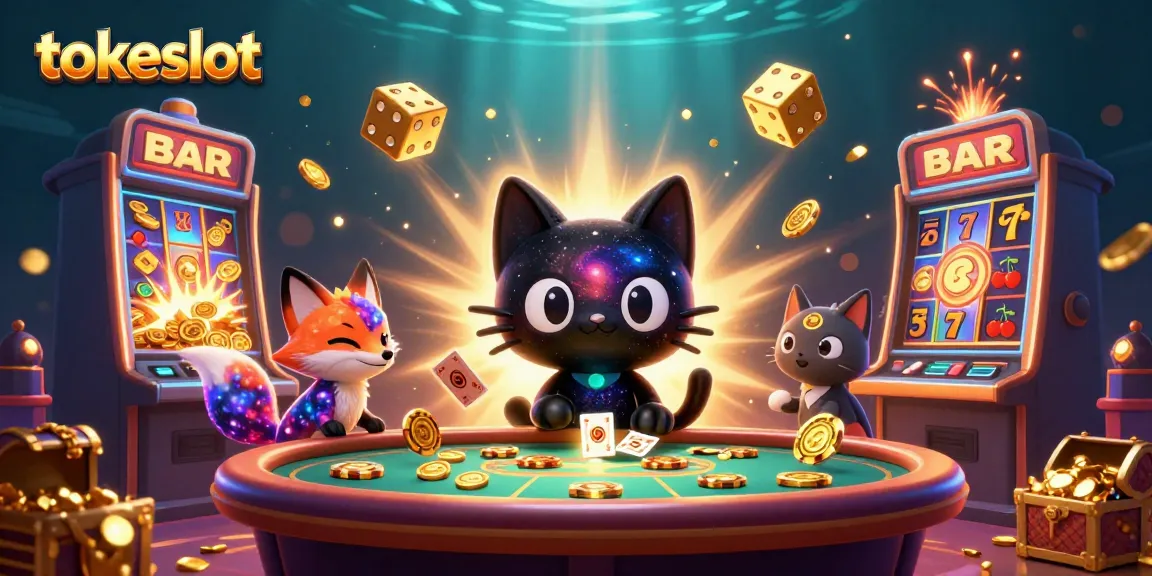 Tokeslot's engaging cosmic casino scene featuring a black hole cat and colorful fox among slot machines and casino elements.