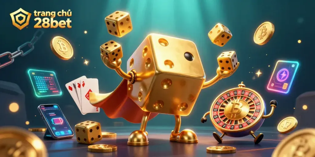 Engage with the vibrant gaming world at trang chủ 28bet, featuring dynamic golden dice and crypto elements.