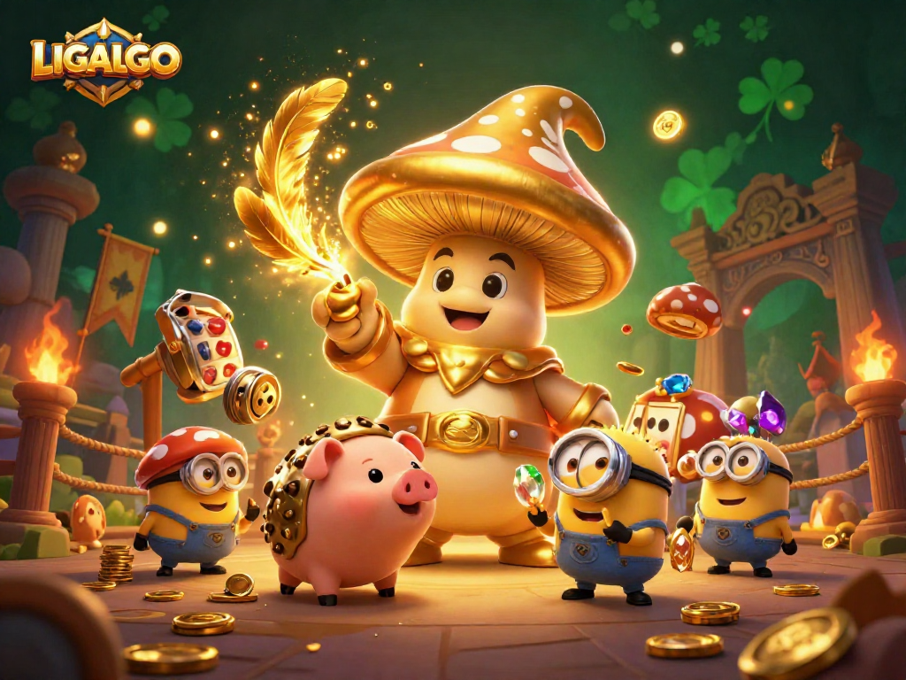 Experience winning moments at LIGALGO with the golden mushroom wizard surrounded by treasures.