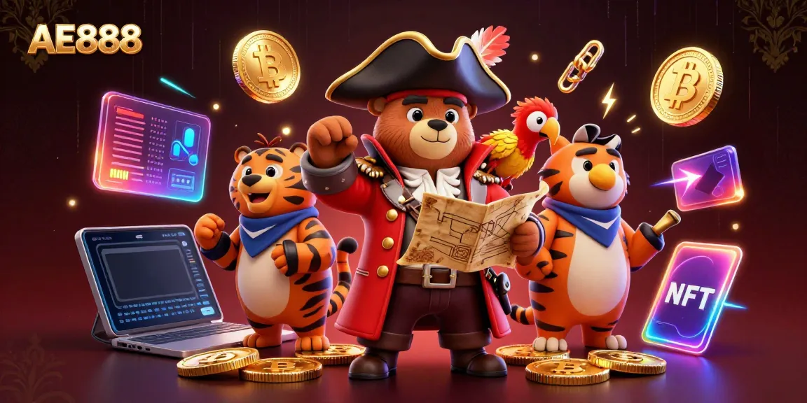 Experience the vibrant world of AE888 with a pirate captain bear, tiger first mate, and golden parrot in a dynamic casino scene.
