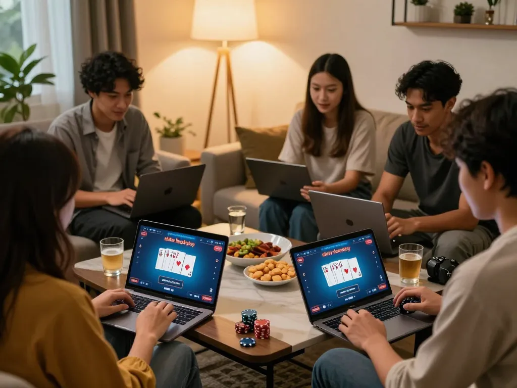 Engaged friends playing cards on daftar Sepuhplay in a cozy living room setting.