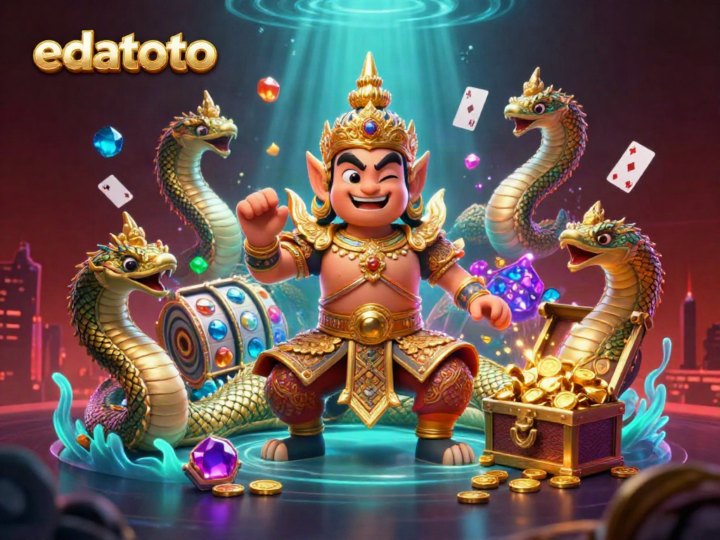Experience thrilling gaming with edatoto as a golden guardian welcomes players to a vibrant treasure-filled scene.