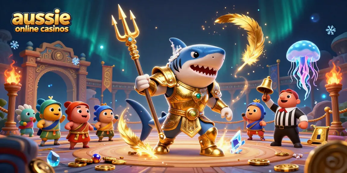 Win at aussie online casinos as a ferocious shark battles in a vibrant underwater arena.