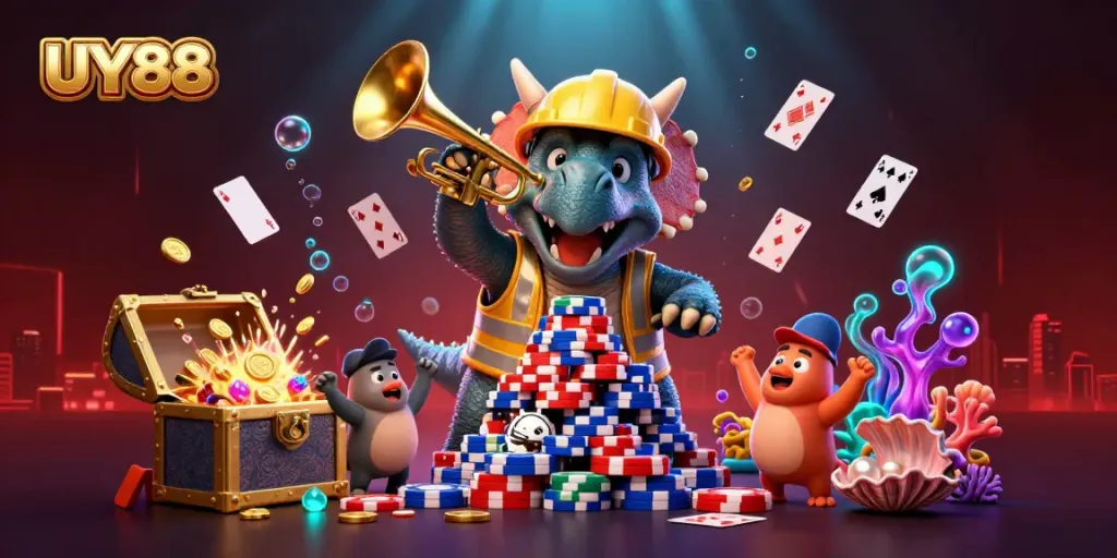 Experience thrilling gameplay with UY88, featuring a fun dinosaur scene layered with poker chips and playing cards.