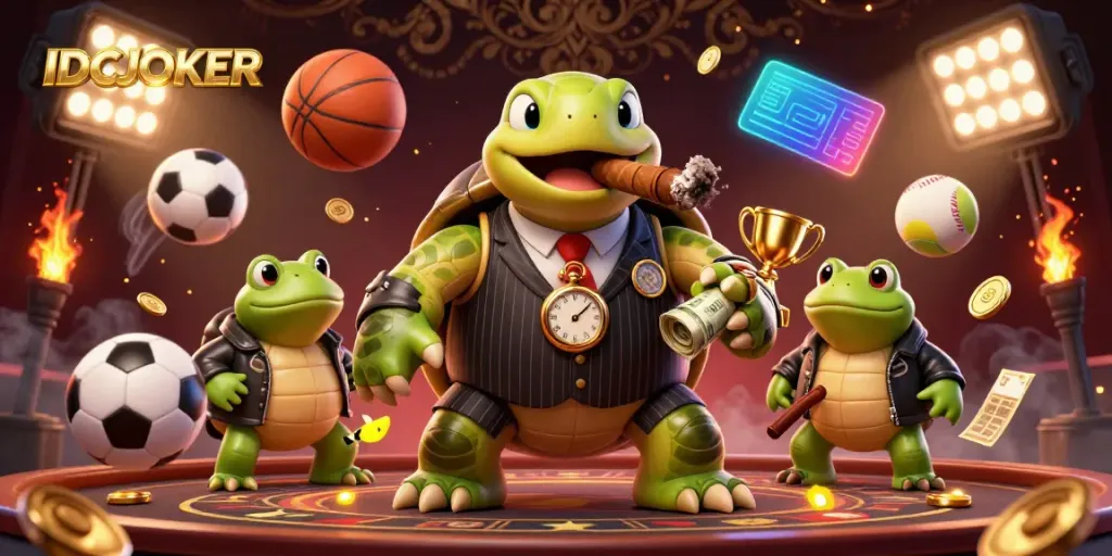 IDCJOKER showcases a dynamic casino scene with a mobster turtle and bullfrog enforcers surrounded by flying sports elements.