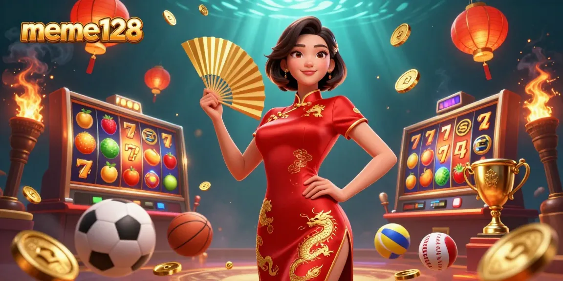Join the excitement with meme128 featuring a vibrant qipao-clad lady, slot reels, and dynamic game elements.