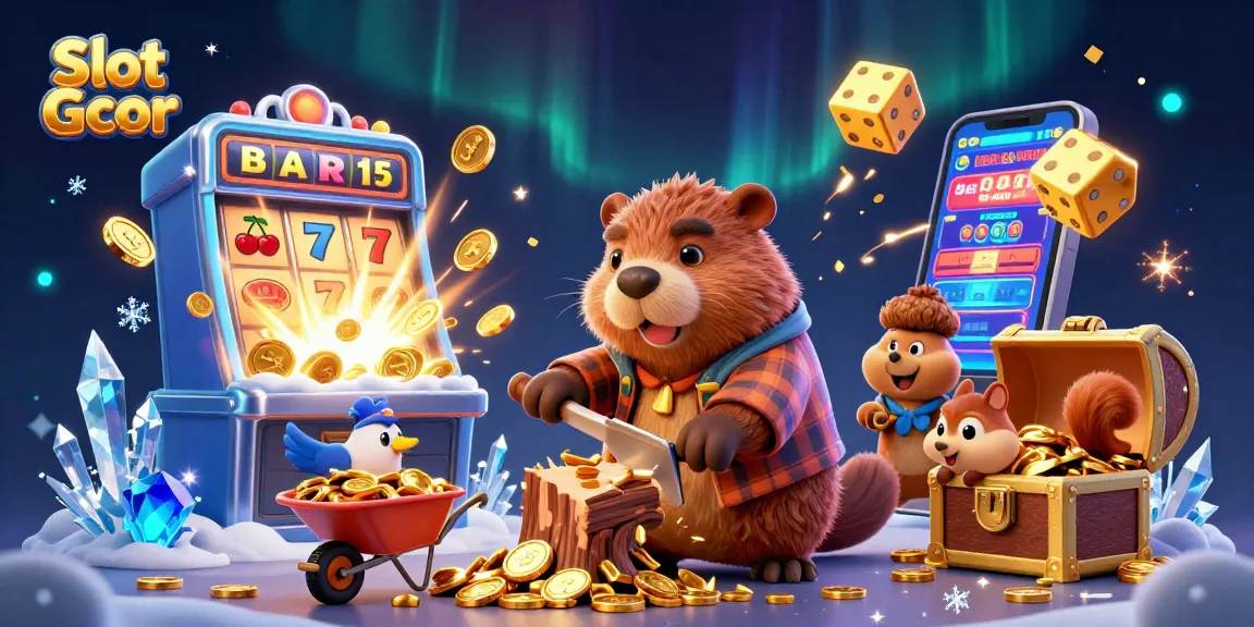 Spin to win at Slot Gcor with a beaver collecting golden coins and jackpot symbols!