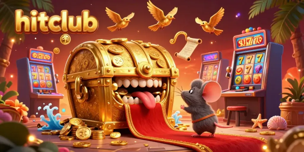 Experience the exciting hitclub casino atmosphere with a golden treasure chest and vibrant slot machines.