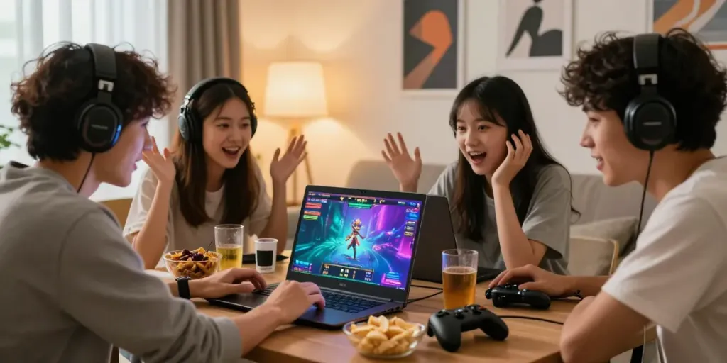 Teman bermain situs gacor bersama di ruang tamu yang modern, penuh keceriaan dan suasana santai.
