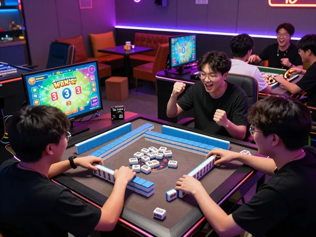 Pemain yang bersemangat menikmati peluang mahjong wins 3 di lounge permainan yang hidup dengan visual yang cerah dan kebersamaan.