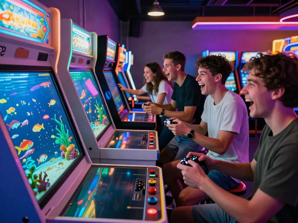 Friends enjoying the excitement of playing lại là Bắn cá đổi thưởng in a lively arcade atmosphere.