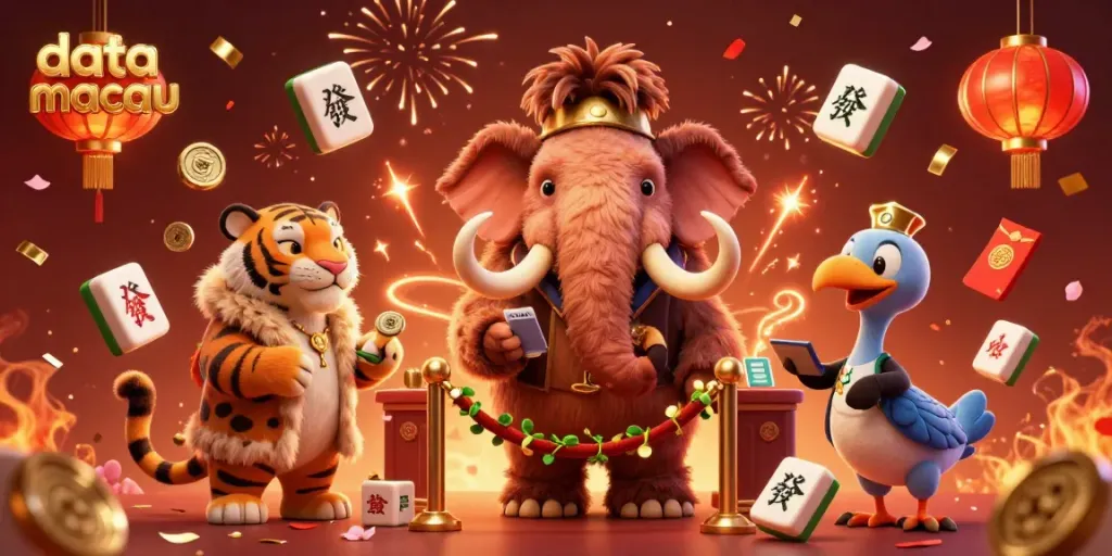 Experience the excitement of data macau with vibrant characters celebrating a casino atmosphere, featuring a woolly mammoth bouncer and a saber-tooth guest.