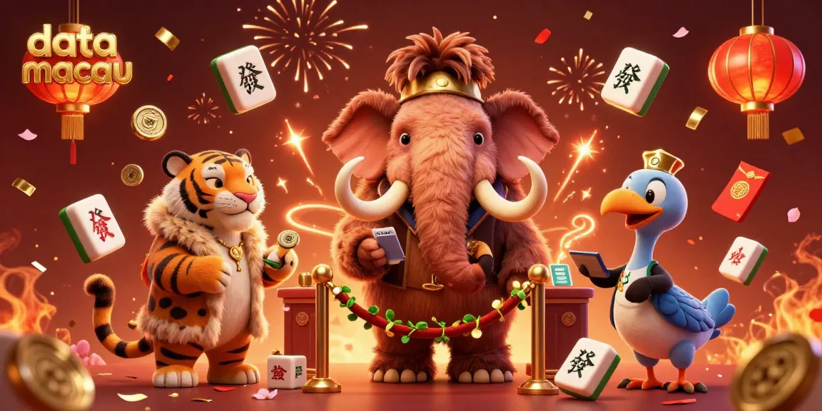 Experience the excitement of data macau with vibrant characters celebrating a casino atmosphere, featuring a woolly mammoth bouncer and a saber-tooth guest.