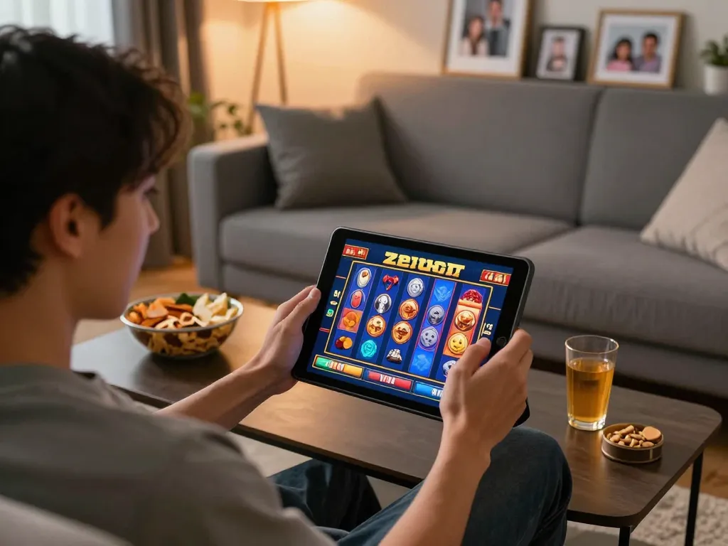 Engaging in zeus slot gameplay on a tablet in a cozy home setting with warm lighting and snacks.