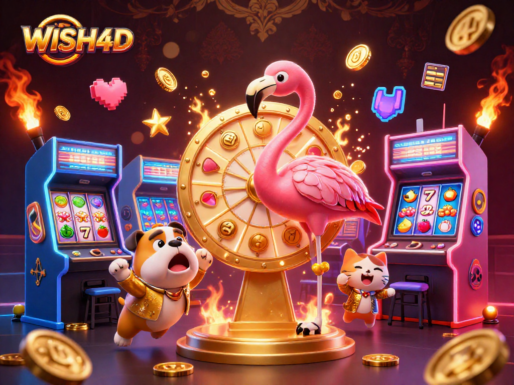 Spin the giant WISH4D prize wheel with exciting characters and colorful casino elements!