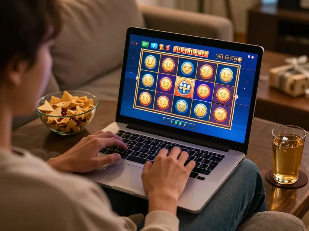 Engaging online gaming scene at home with OKESLOT displayed on screen, showcasing a player immersed in gameplay.