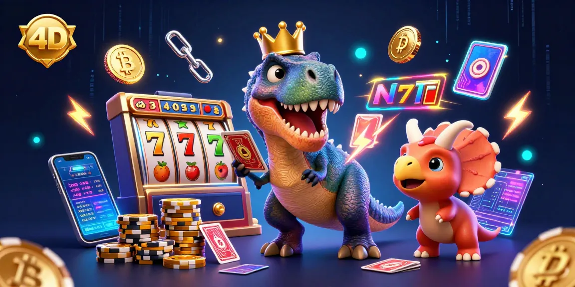 Play the exciting 4D slot games featuring T-Rex and friends stacked with chips in a vibrant casino scene.