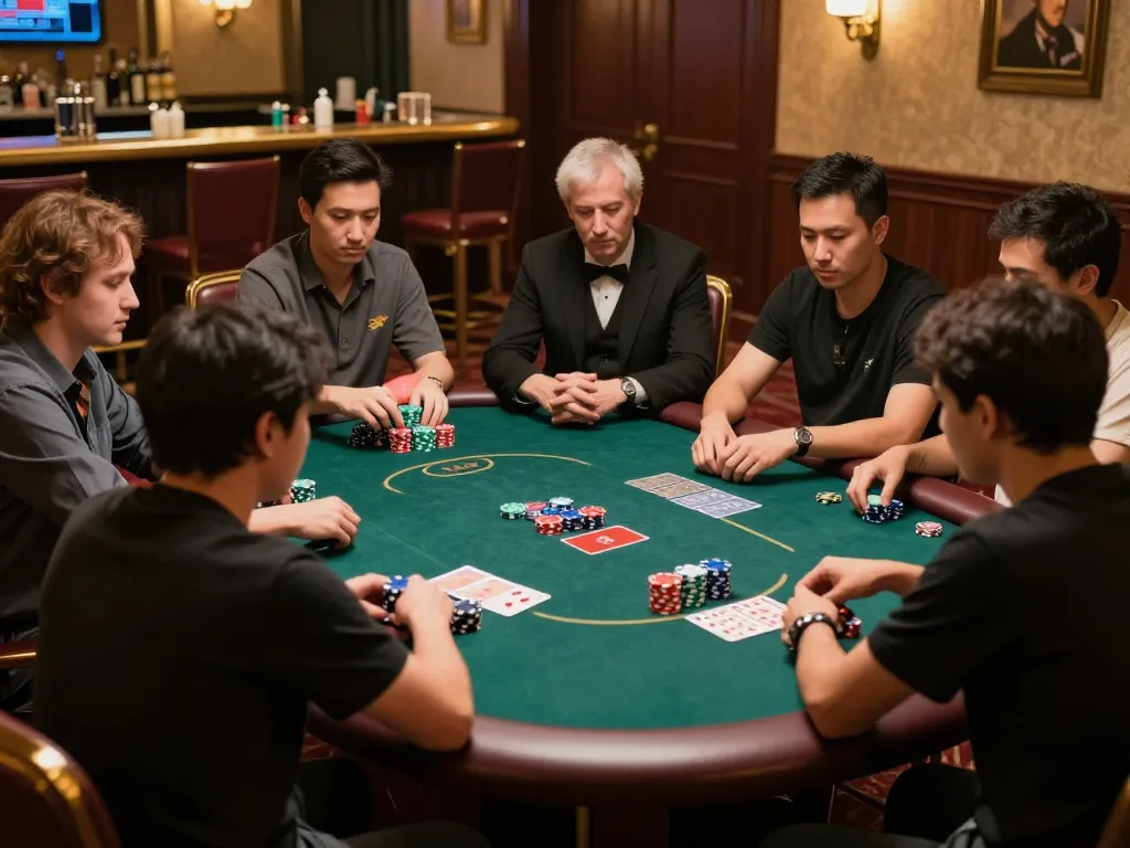 IDNSCORE poker players engaged in strategic gameplay with colorful chips and community cards at an upscale casino table.