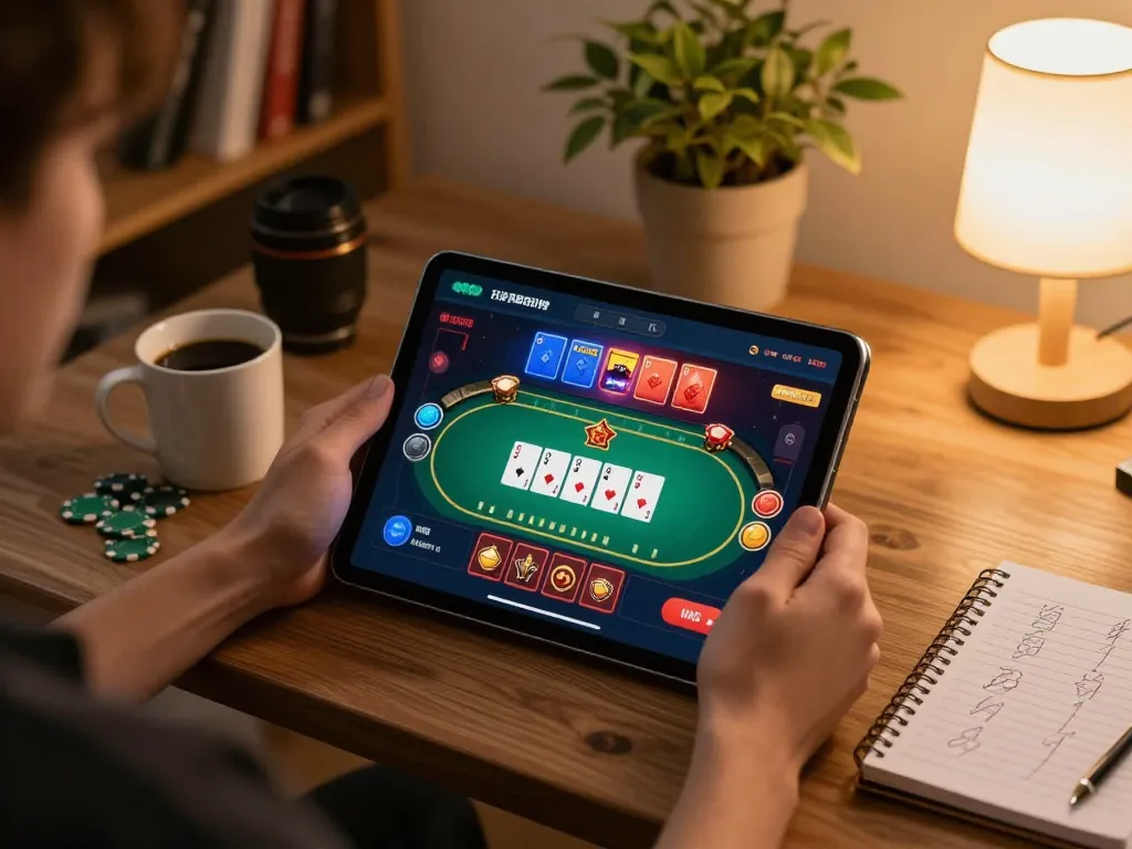 Engaged player using jangkar55 casino app on tablet, surrounded by strategy notes in cozy home setting.