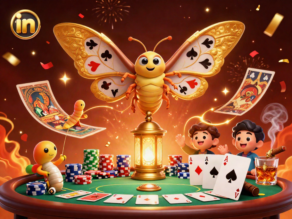 Experience thrilling poker with a 3D atlas moth in an exciting casino scene.